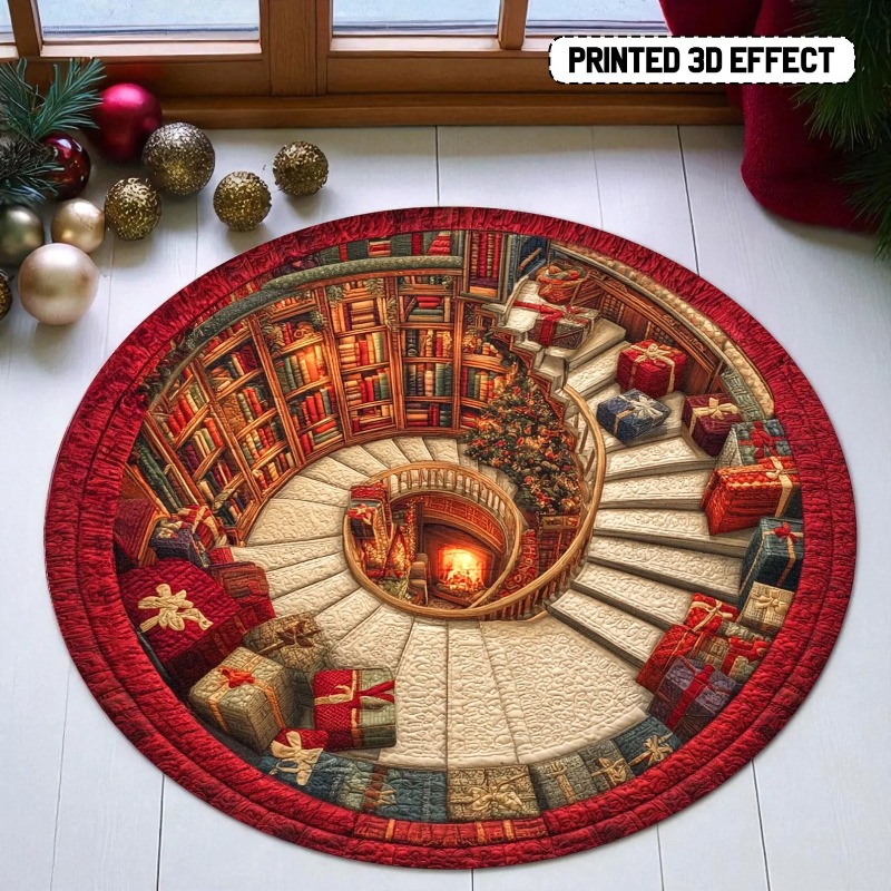 Commercial Book Printing Machines - 3D Boekbibliotheek Kersttapijt Bedrukt rond tapijt